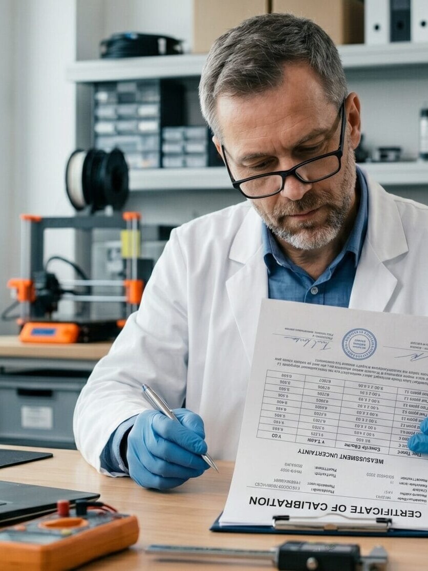 Technician reviewing calibration certificate