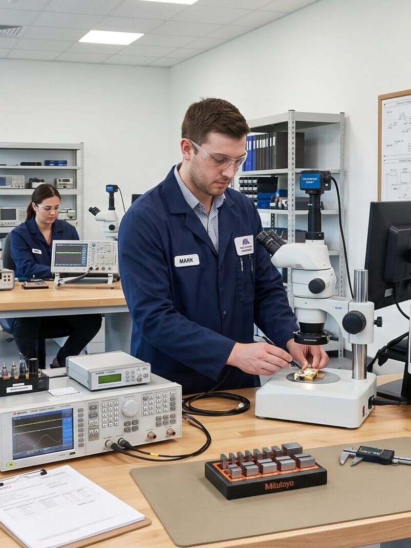 A calibration laboratory setting with instruments arranged on a workbench and documentation visible in the background