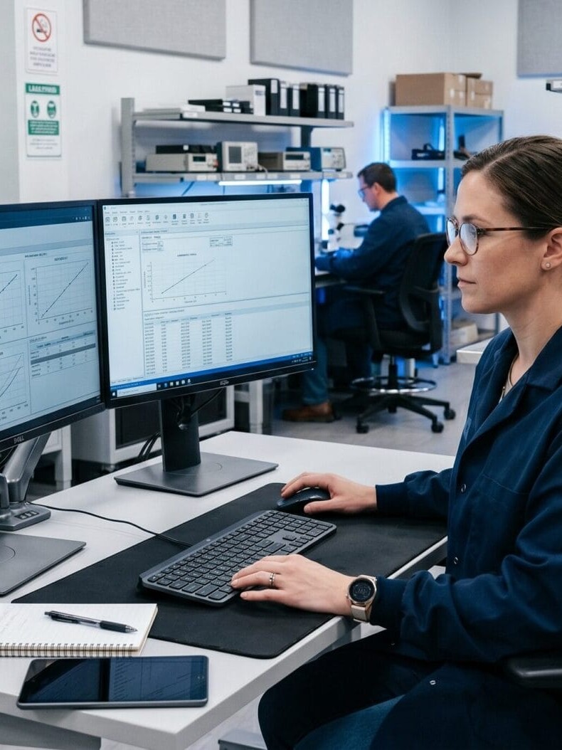 Calibration technician analyzing measurement uncertainty data in an ISO 17025 accredited calibration laboratory