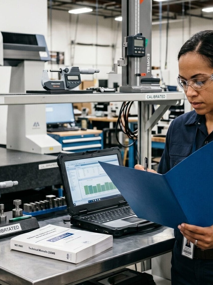 Quality engineer reviewing risk-based calibration interval schedule for measurement instruments in a manufacturing facility