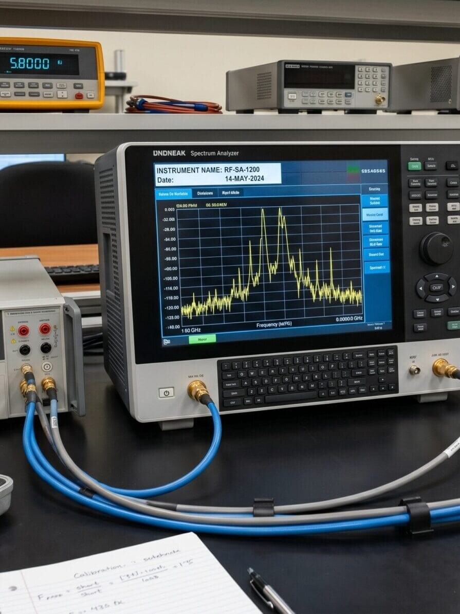 Spectrum analyzer calibration setup in a professional RF test lab