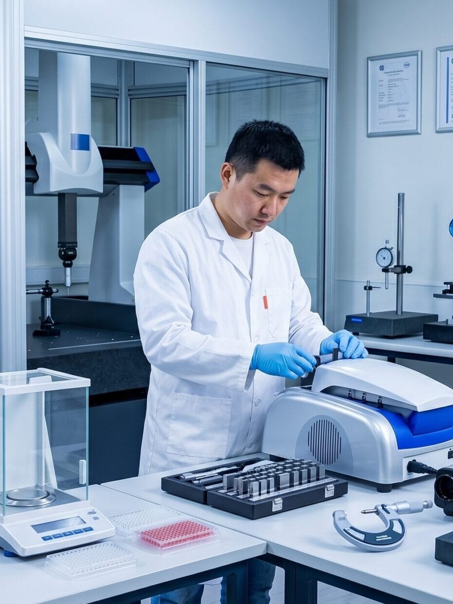 A professional laboratory technician is seen operating advanced equipment in a modern laboratory setting
