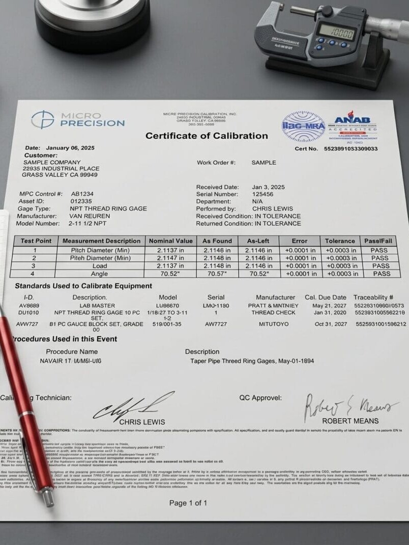 Calibration Certificate laying on top of a work desk uai