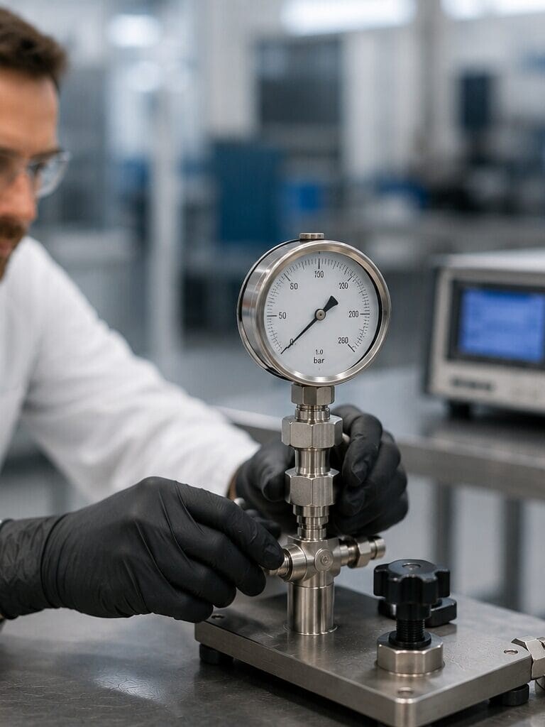 Calibrationa technician in a white lab coat and black gloves adjusts a precision pressure gauge mounted on a stainless-steel calibration bench.