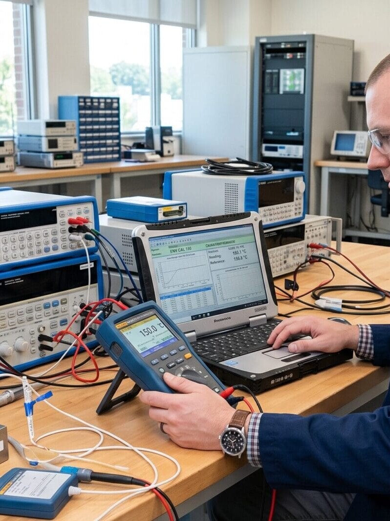 Calibration technician using a handheld data logger calibrator in a laboratory surrounded by precision measurement and testing equipment