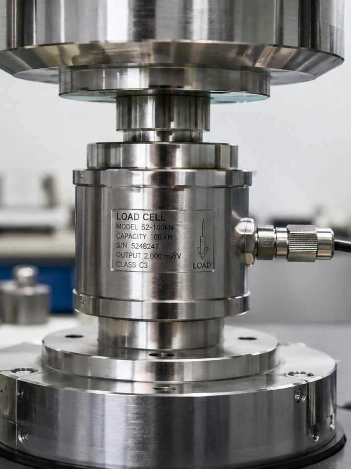 Compression load cell undergoing precision calibration in a professional metrology laboratory