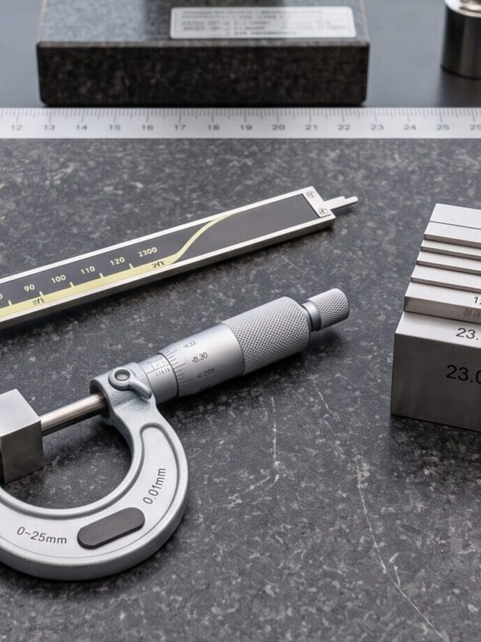 Dimensional calibration instruments including caliper, micrometer, and gauge blocks on a granite surface plate