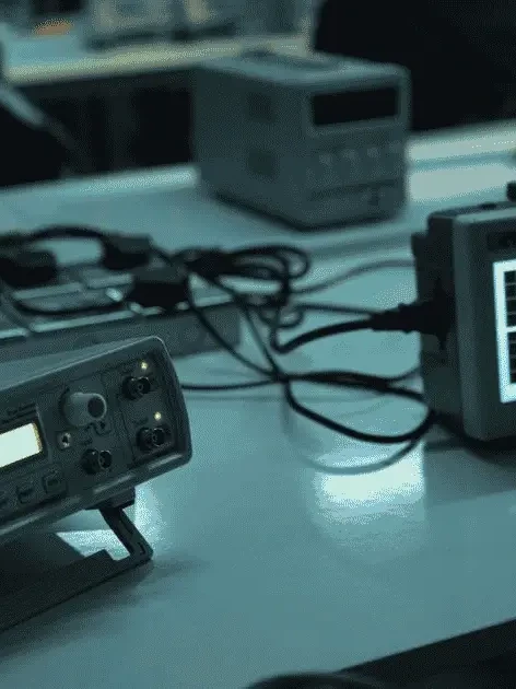 Electronics calibration laboratory with oscilloscopes and precision test equipment arranged on workbench desks