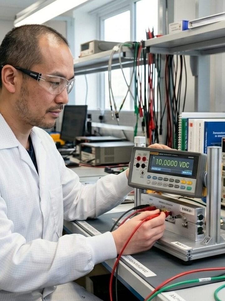 Engineer adjusting multimeter mounted on a fixture