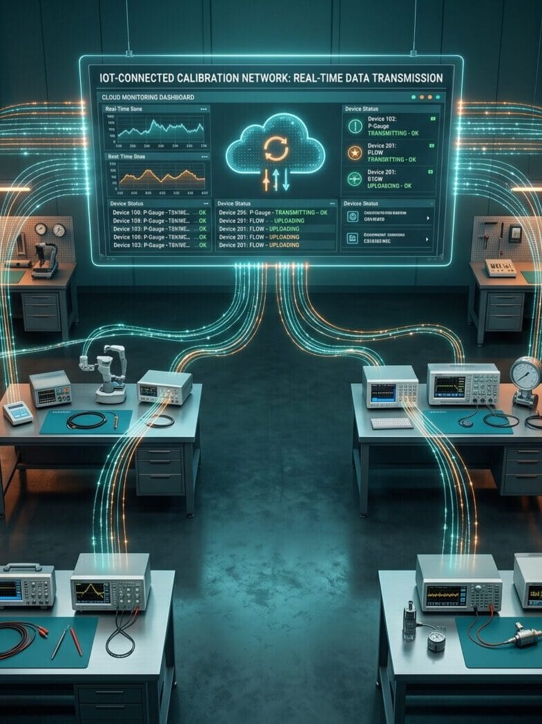 IoT-connected calibration instruments transmitting real-time data to a cloud monitoring dashboard