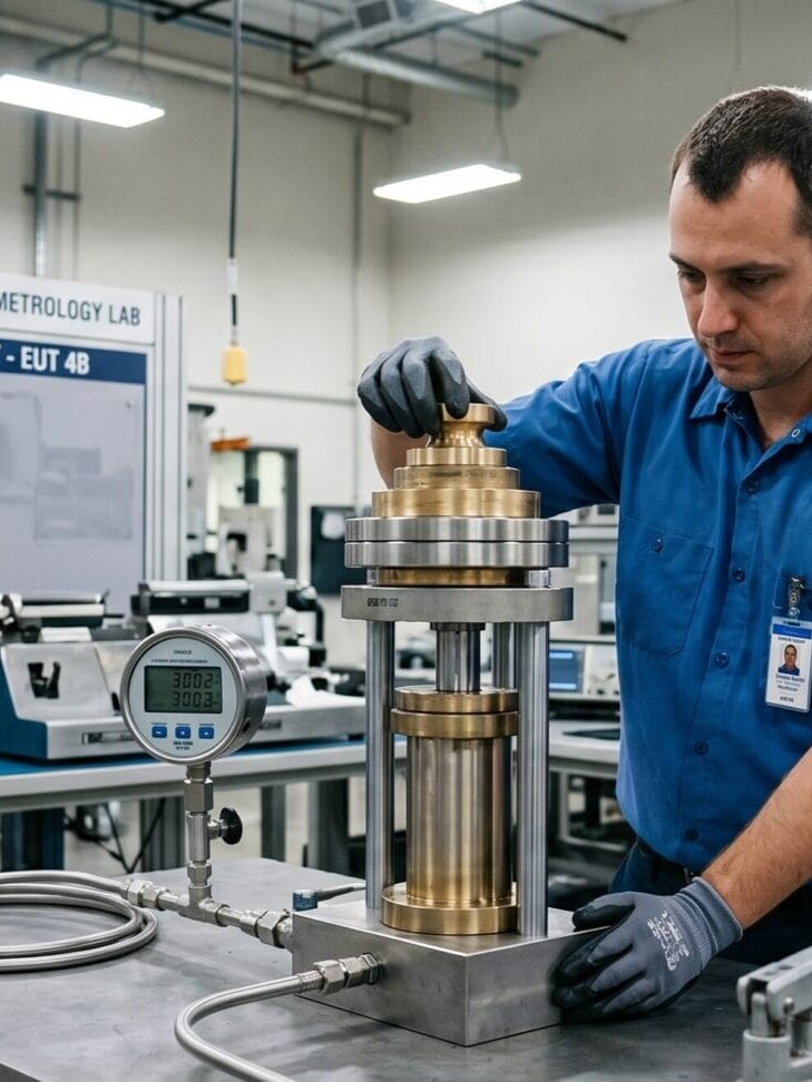 Technician operating a deadweight tester