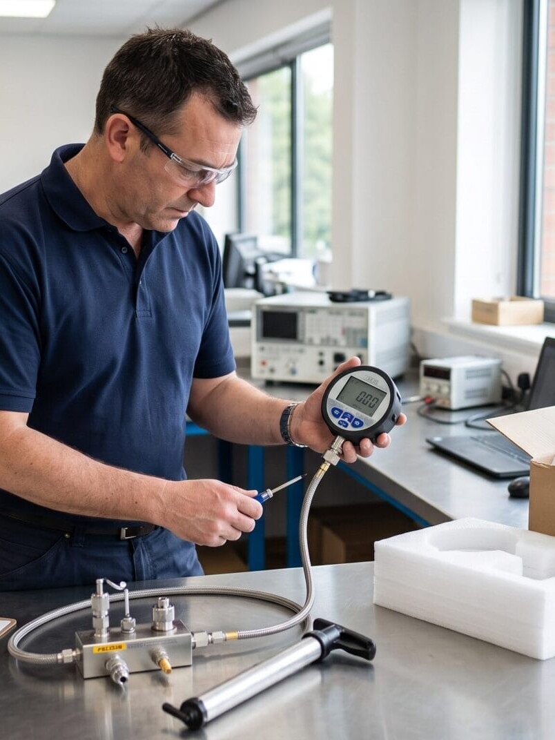 Calibration lab technician inspecting new instrument fresh from