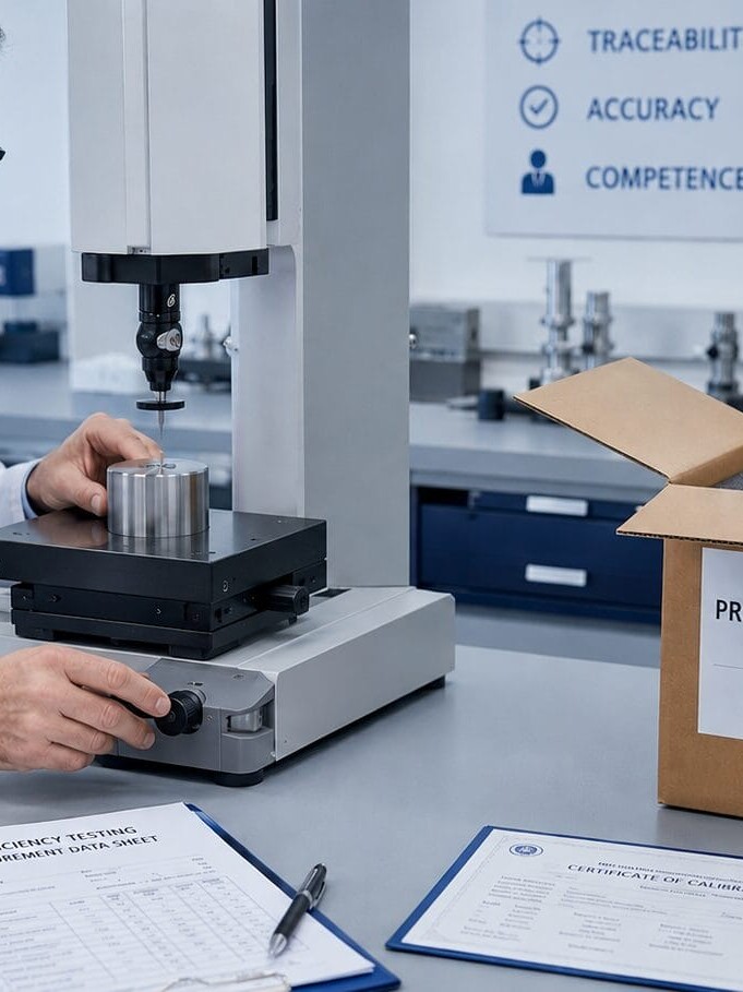 Calibration lab technician performing proficiency testing measurement on round robin artifact uai