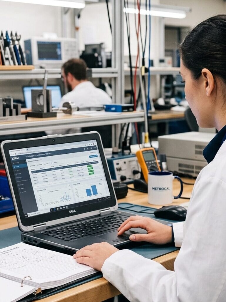 Engineer reviewing calibration records on a laptop in a metrology lab