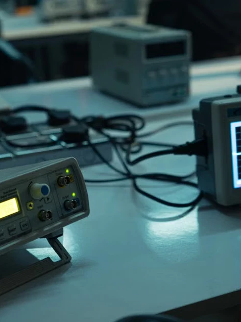 Oscilloscope and signal generator on a calibration lab network evaluation test bench