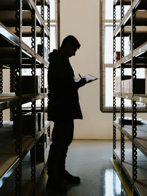 quality auditor reviewing records for signs of calibration subcontracting in a warehouse aisle