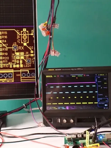 Test equipment rental vs purchase — engineer evaluating options at an oscilloscope workbench in an electronics lab.