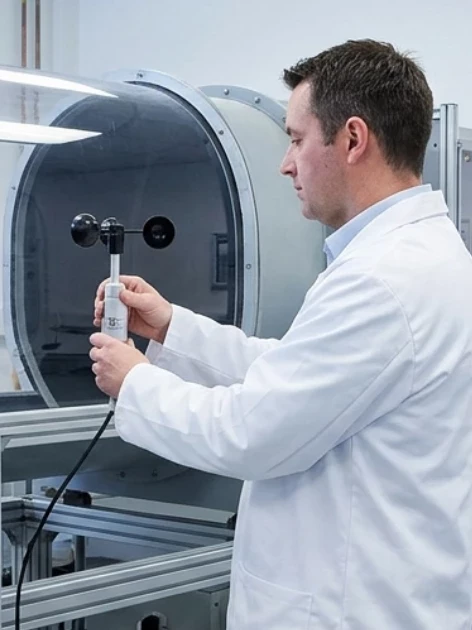 Lab technician comparing a handheld vane anemometer against a wind tunnel probe to verify anemometer calibration standards.