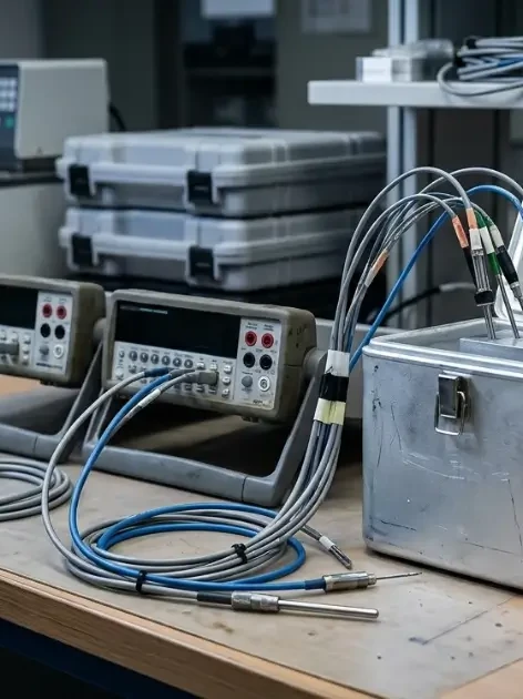 Calibration lab equipment used to perform cold chain calibration — a reference bath, multimeters, and temperature probes