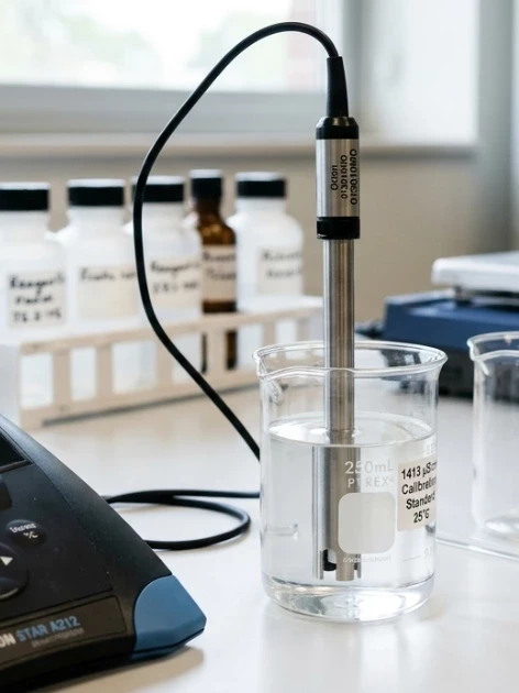 Benchtop conductivity meter calibration using a 1,413 µS/cm NIST-traceable standard solution in a laboratory setting