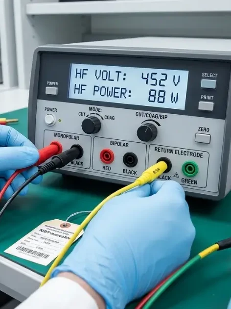 Biomedical technician performing electrosurgical analyzer calibration, reading HF voltage and power output against a load simulator on a calibration bench