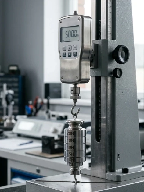 Digital force gauge on a test stand, illustrating force gauge calibration frequency verification.