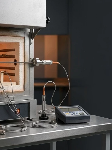 Furnace calibration in progress: a reference thermocouple probe inserted into a heat-treat furnace chamber and wired to a handheld calibrator for a system accuracy test.