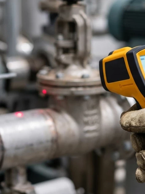 Technician using a handheld infrared thermometer to check pipe temperature during an industrial inspection