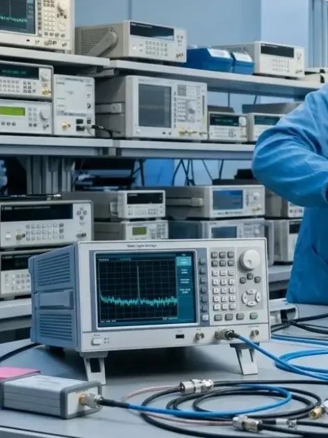 How Accurate Is Your Noise Figure Meter in the Field? 7 Technician calibrating a noise figure meter and noise source on a busy RF lab bench