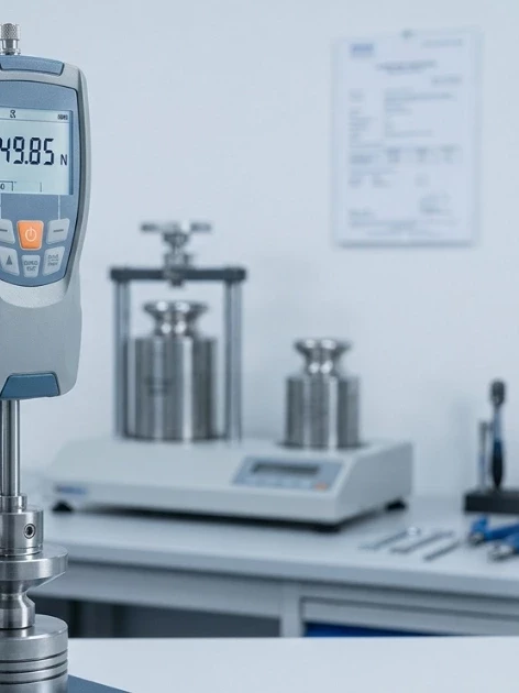 Push-Pull Force Gauges Measure Two Directions — Most Calibrations Only Check One 9 A gloved technician holds a digital push-pull force gauge, displaying a 49.85 N reading, during push-pull force gauge calibration against reference weights in a metrology lab