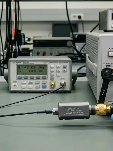 RF power sensor calibration in progress, with a technician torquing the connector to a signal generator