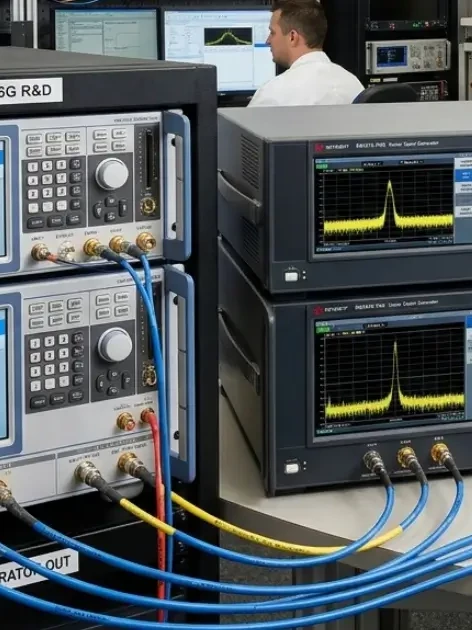 RF signal generator calibration test rack in a 5G/6G R&D lab with Rohde & Schwarz and Keysight equipment