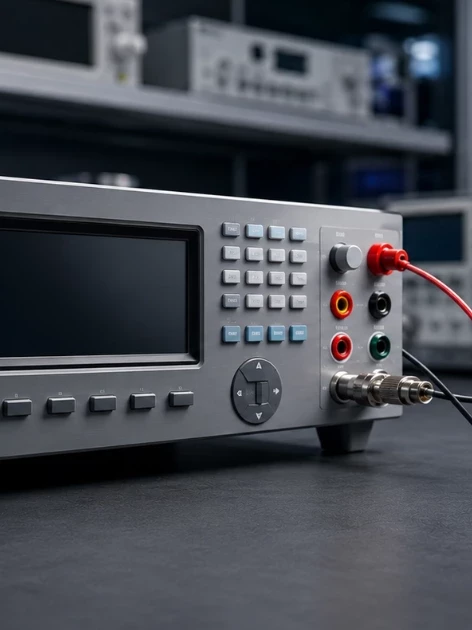 SMU calibration verified on a precision source measure unit connected to a test fixture in an electrical calibration lab