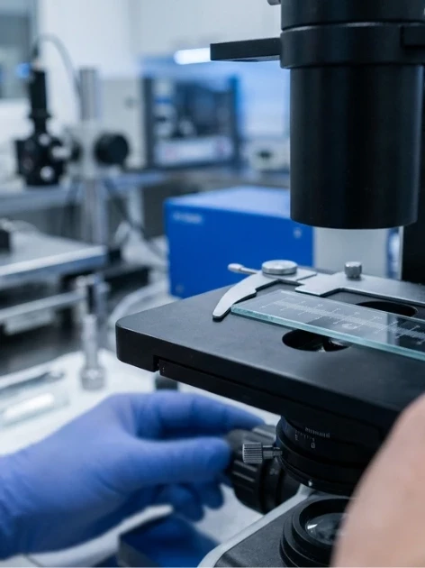 Proven Stage Micrometer Calibration Stops Silent Drift 3 A calibration technician in blue nitrile gloves positions a glass stage micrometer under a precision optical measurement system as part of stage micrometer calibration in an ISO-accredited metrology lab.