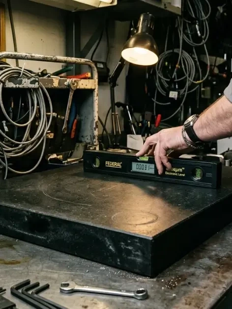 What Does Surface Plate Calibration Actually Measure? 6 Technician performing surface plate calibration with an electronic level, ISO/IEC 17025 traceability certificate visible in a working calibration lab