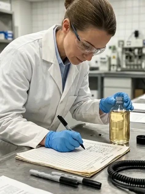 The Essential Guide to Conductivity Standard Solutions 8 Lab technician logging a calibration reading beside bottles of conductivity standard solutions on a QA lab bench