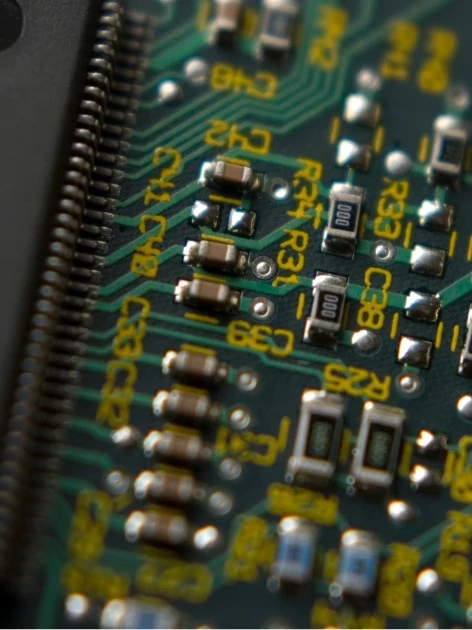 a semiconductor circuit board and IC chip, the kind of hardware where uncalibrated semiconductor test equipment lets defects slip through undetected