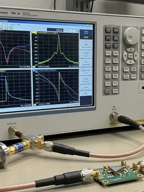 Vector network analyzer connected to a device under test via RF cables, displaying S-parameter measurement traces on screen