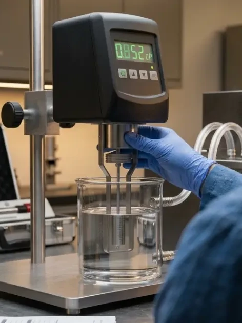 Technician adjusting a digital rotational viscometer spindle in a sample beaker during viscometer calibration