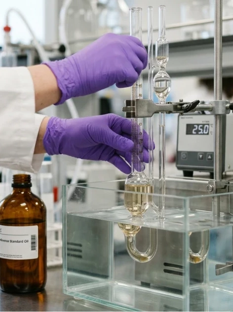 Proven Viscosity Reference Standards for Reliable Results 1 A lab technician calibrates glass capillary viscometers against a certified viscosity reference standard in a temperature-controlled water bath, with a labeled amber reference oil bottle on the bench.
